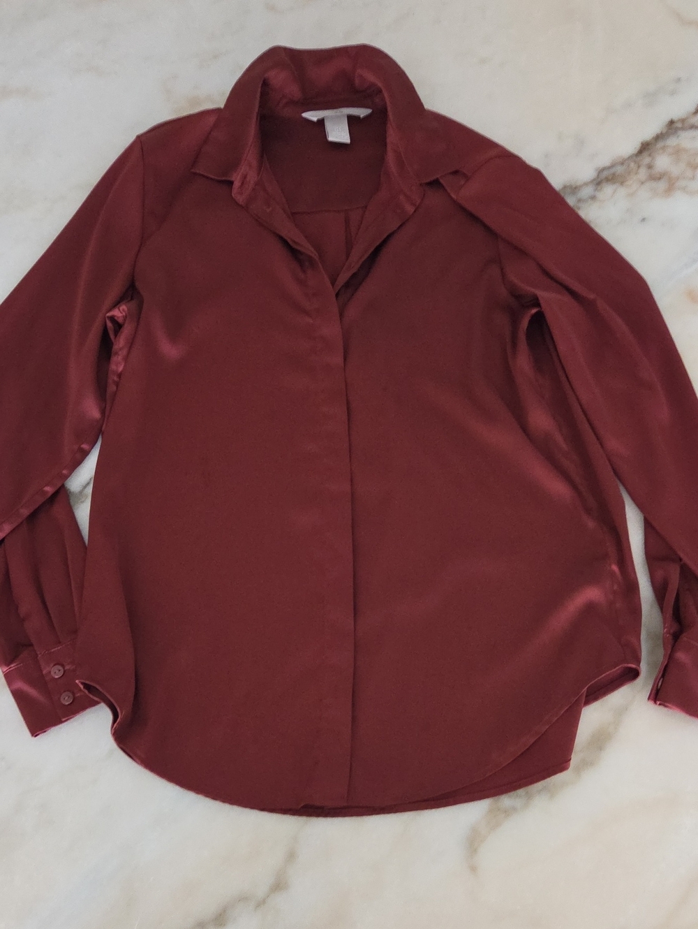 H&M Satin Button-Front Shirt in Deep Wine